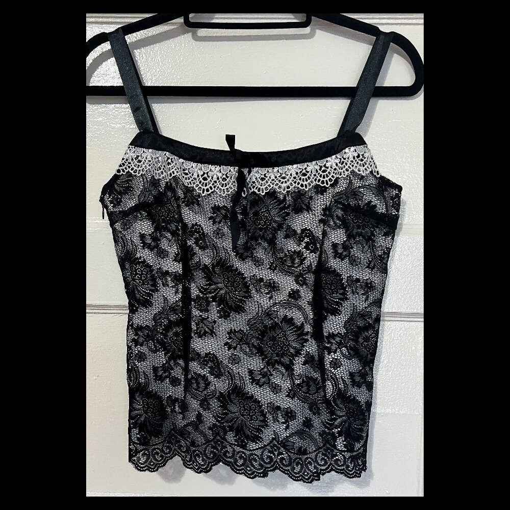 Castle Womens Black/White Floral Lace Lined Satin Trim Crop Cami Top Size M EUC